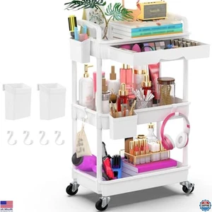 Carrello Utilitario a 3 Livelli con Cassetto Estraibile, Ruote Bloccabili, Bianco - Foto 1 di 7