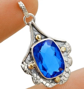 Bicolor 4 kt behandelter blauer Saphir 925 Sterlingsilber Anhänger @12-9 - Bild 1 von 1