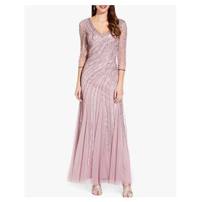 Adrianna Papell Beaded Tulle Maxi Dress 14 Dusted Petal Pink Formal Gown 3/4 Slv - Image 1 of 4