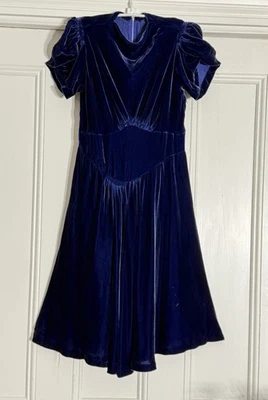 Royal Blue Vintage Velvet 1930’s  Yoke Waisted Party Dress Tulip Sleeves - Image 1 of 4