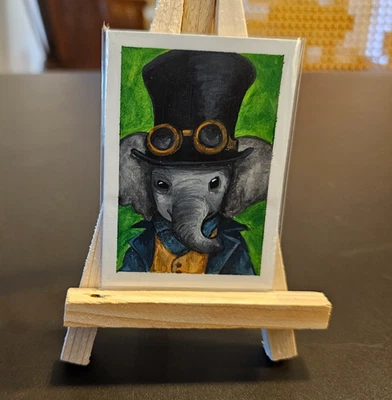 Steampunk Elephant ACEO Original Painting  - Miniature Fantasy Art by Waya - image 1 of 3