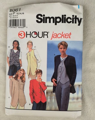 Vintage 90s Simplicity Pattern 9361 Jacket Vest 12 14 16 Uncut - Image 1 of 3