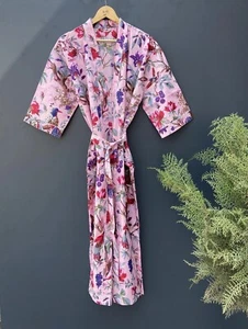 Indian Handmade Vintage Kimono Bird Print Cotton Bath Robes Maxi Night Gown - Picture 1 of 6