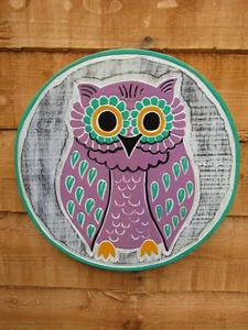 Fair Trade Hand Carved Made Shabby Wooden Owl Bird Wall Art Hanging Plaque - Picture 1 of 4