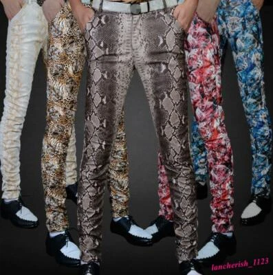 Snakeskin Men's Faux Leather Pants Pencil Trouser Slim Fit Nightclub Fashion Hot - Image 1 of 4