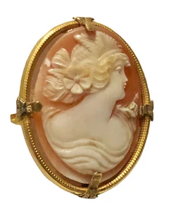 Vintage Shell Cameo 10k Yellow Gold Brooch Signed - Picture 1 of 15