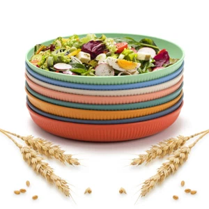 8Pcs Wheat Straw Plates Set 9 Inch Unbreakable Colorful Dinner Dishes Dishwasher - Picture 1 of 8