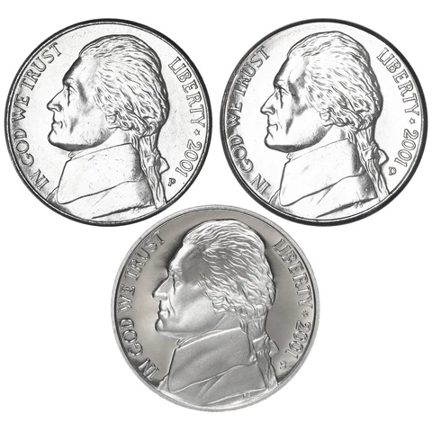 2001 P D S Jefferson Nickel Year Set Proof & BU US 3 Coin Lot Cover