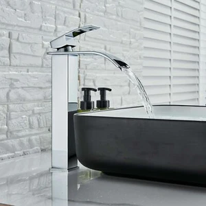 Waschtischarmatur Wasserfall Wasserhahn Waschbecken Badarmatur Bad Chrom Hoch - Bild 1 von 11