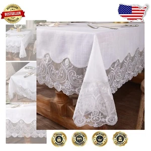 Elegant 60x120 Lace Tablecloth with Exquisite Macrame Border - All-Season Use - Picture 1 of 10