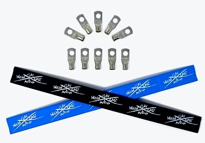 10 8 Gauge TINNED Copper Ring Terminals 1/4" BLUE/BK Heat Shrink Tubing LUG - Image 1 of 4