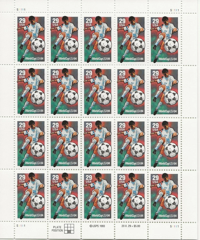 1994 29 cent Soccer full Sheet of 20, Scott #2834, Mint NH - Image 1 of 1