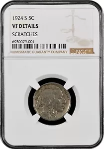1924-S 5C Buffalo Nickel NGC VF Details Scratches - Picture 1 of 4
