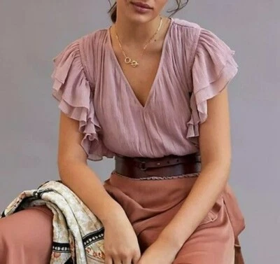 Blusa corta Anthropologie Forever That Girl lila con volantes de gasa mediana nueva con etiquetas Foto 1 de 4