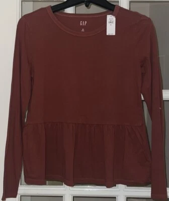 Camisa Top Prenda Teñida Rojo Granate Rojo Mujeres XS NUEVA CON ETIQUETAS Gap Retail Volantes Dobladillo Manga Larga Foto 1 de 4