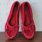 MINNETONKA MOCCASIN RED 8 KILTY HARD SOLES SUEDE LEATHER SLIP ON SLIPPER MOC BOW