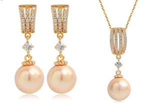 Rose Gold Cubic Zirconia Pearl Wedding Pendant Necklace Earrings Set Brides PE - Picture 1 of 10