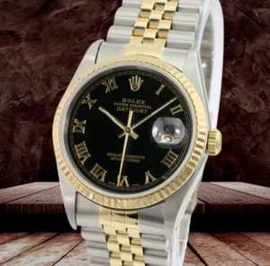 Rolex Mens Datejust 18KY Gold Steel Black Dial 18KY Fluted  36mm Watch w/ Box - Picture 1 of 13