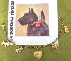 FRENCH 1950s GP CHARM BRACELET~5 DOUBLE-SIDED CHARMS~SCOTTISH TERRIER DOG/HEART - Picture 1 of 10