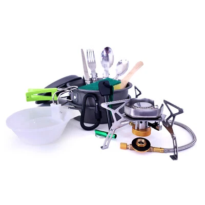 SIRIUS SURVIVAL Camping 12pc Cookset & Camp Stove Combo Pack Great for Hiking Camping and Travel