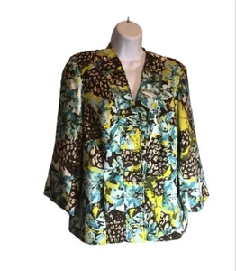 LAVENDER & HONEY Women’s Brown & Teal Lilies Tropical Print Jacket - Size XL - Picture 1 of 10