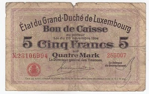 Luxembourg, 1914, 5 Franken = 4 Mark, P23, Used, Rarest - Picture 1 of 2