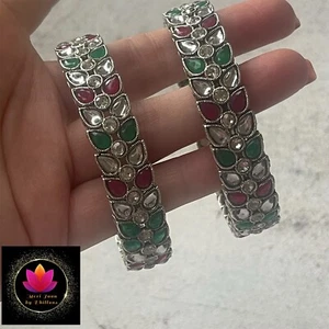 Indian Silver Plated Oxidised Leaf Bangles Bollywood Style Kara Size 2.6 - Picture 1 of 10