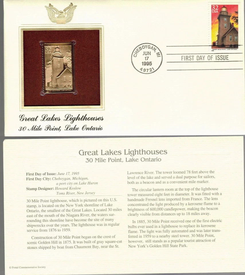 Great Lakes Lighthouses-30 Mile Point Lake Ontario-1st day issue-Golden Replica - Image 1 of 1