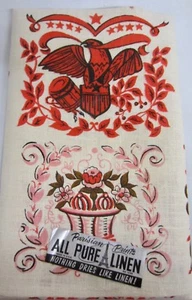 NOS Vintage Leinen PARISER DRUCKE rosa & rot Americana Motiv TEETUCH - Bild 1 von 9