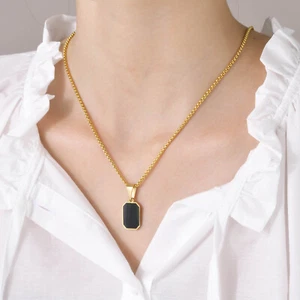 White / Black Enamel 12*21mm Pendant Necklace Women's Stainless Steel 50cm Chain - Picture 1 of 12
