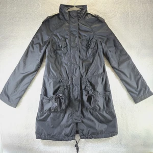 XHILARATION Womens Lightweight Long All Weather Sz S Coat Jacket Black Pinstripe - Picture 1 of 17