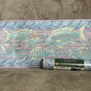 VTG Sapphire Borden 1990’s Pastel Beach House Fish & Shells Wallpaper Border - Picture 1 of 5