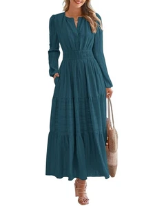 Women Autumn Casual Long Sleeve V Neck Elastic Waist Lightweight Maxi 4557 - Picture 1 of 19