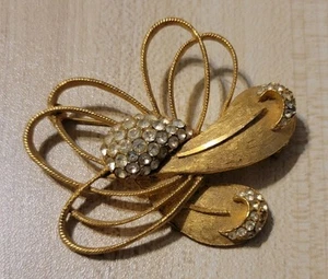 Vintage BSK Unikat Brosche strukturiert goldfarben Blume Strass Mode Anstecknadel - Bild 1 von 5