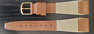 Vintage NOS 70er Jahre 19mm braun Echtleder und Ecru Canvas Uhrenarmband - Bild 1 von 5
