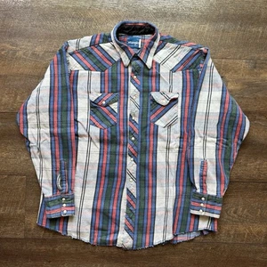Vintage Herren XL Wrangler gestreift mehrfarbig Perlen Druckknopf schwer Western Hemd - Bild 1 von 6