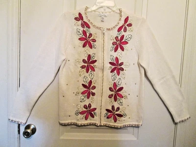 Cárdigan Kim Rogers Mujer Cremallera Vacaciones Suéter Marfil con Cuentas Poinsettias Talla L Foto 1 de 4