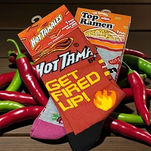 Hot Tamales Get Fired Up! and Nissin Top Ramen Novelty Socks  - Picture 1 of 4