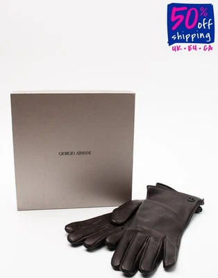 PVP €500 GIORGIO ARMANI Guantes de Cuero Talla S Negro Forrado en Seda Logo Hecho en Italia Foto 1 de 4