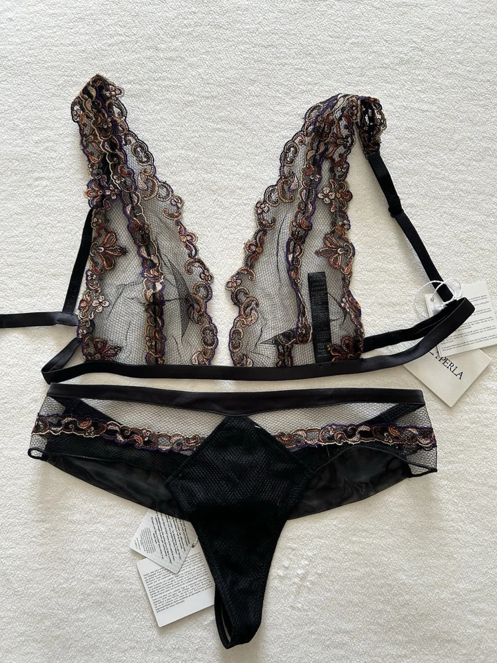 La Perla Paisley Collection 36B M Triangle Bra Panty Set Black - Image 1 of 4