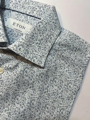 Camisa Eton Contemporánea Para Hombre Azul Floral A Cuadros Manga Larga 15.5-39 Foto 1 de 4