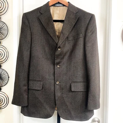 Oscar De La Renta Lambs Wool Blazer - Black Brown Herringbone, Size 42R - Image 1 of 4