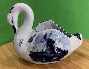 Vintage Delft Hand Painted Swan Windmill Planter Holder Holland 6"L x 5"T - Picture 1 of 8