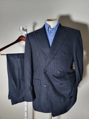 Traje Hickey Freeman Doble Pecho Canv Franela Azul Rayas 40R Chaqueta Pantalón W34 Foto 1 de 4