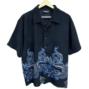 Vintage ODO Asian Dragon Print Black Button Shirt Mens M Flames 90s Y2K 2000s - Picture 1 of 7