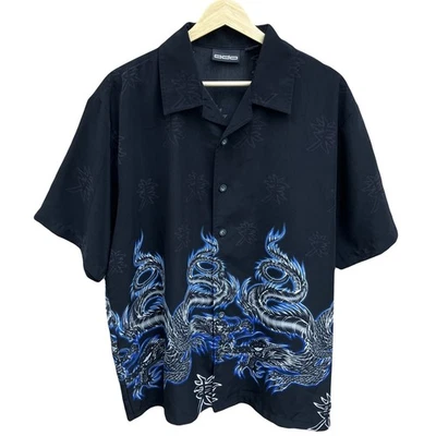 Vintage ODO Asian Dragon Print Black Button Shirt Mens M Flames 90s Y2K 2000s - Image 1 of 4