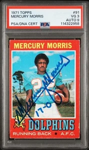 Carta 1971 Topps Mercury Morris PSA/DNA 3 VG Auto 9 Miami Dolphins #91 cc59 - Foto 1 di 3