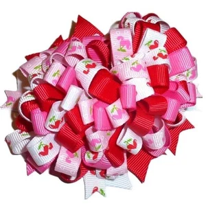 Puppy bows ~ big bow loopy red pink white cherry hearts 4" dog hair bow or - Picture 1 of 4