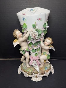 Antique German Porcelain Cornucopia Flower 2 Figurine Cherub Vase Ovington 10.5” - Picture 1 of 24