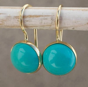 8 Ct Round Turquoise Simulated Bezel Women's Hoop Earring 14k Yellow Gold Plated - Picture 1 of 7